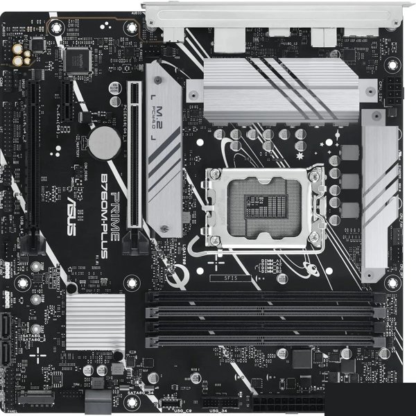 ASUS PRIME B760M-PLUS (Socket 1700, mATX, 4xDDR5(192GB), DP/HDMI 2.1, 2xPCIe 4.0x16/1xPCIe 4.0, 1xLAN (2.5GbE), 4xSATA 6Gb/s, 2xM.2, 2xUSB 3.2, 4xUSB 2.0, 1xPS/2)