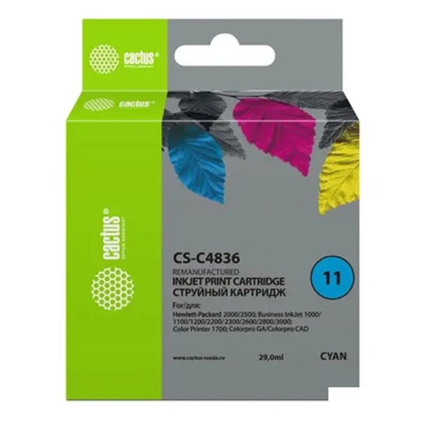 Картридж струйный Cactus CS-C4836 №11 голубой (29мл) для HP BIJ 1000/1100/1200/2200/2300/2600/2800 с чипом