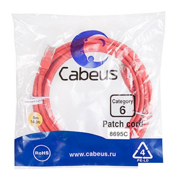 Cabeus PC-UTP-RJ45-Cat.6-5m-RD Патч-корд U/UTP, категория 6, 2xRJ45/8p8c, неэкранированный, красный, PVC, 5м
