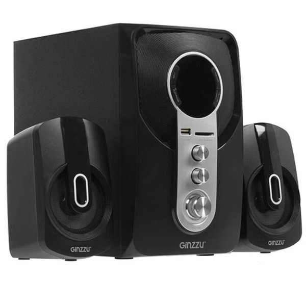 Ginzzu GM-405 2.1 с Bluetooth, выходная мощность 20Вт + 2х10Вт, аудиоплеер USB-flash, SD-card, FM-радио, пульт ДУ - 21 кнопка, стерео вход (2RCA), эквалайзер (обыч
