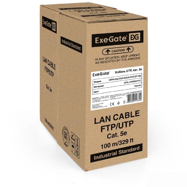 Exegate EX281816RUS Кабель Exegate  UTP4-C5e-CCA-S24-IN-PVC-GY-100 UTP 4 пары кат.5e CCA, 24AWG, бухта 100м, серый, PVC