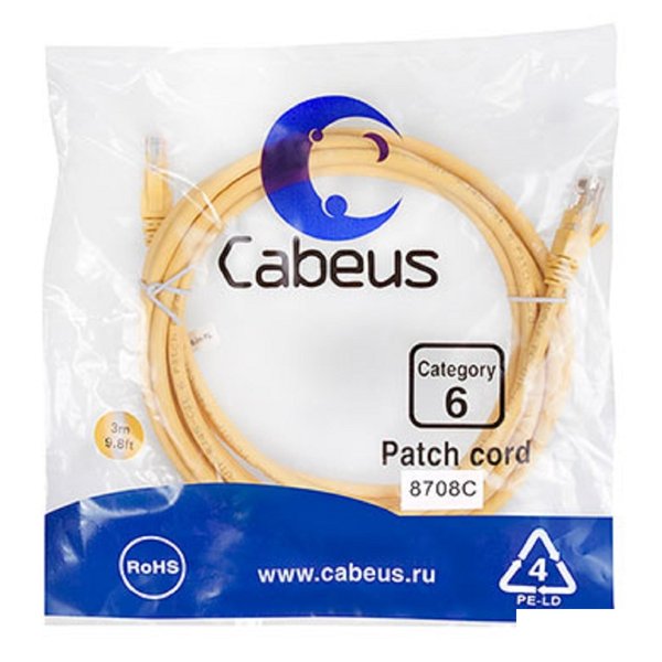 Cabeus PC-UTP-RJ45-Cat.6-3m-YL Патч-корд U/UTP, категория 6, 2xRJ45/8p8c, неэкранированный, желтый, PVC, 3м
