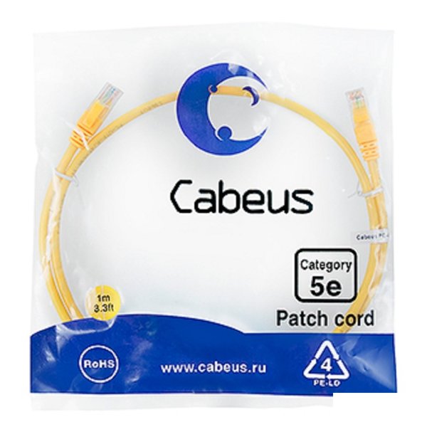 Cabeus PC-UTP-RJ45-Cat.5e-1m-YL Патч-корд U/UTP, категория 5е, 2xRJ45/8p8c, неэкранированный, желтый, PVC, 1м