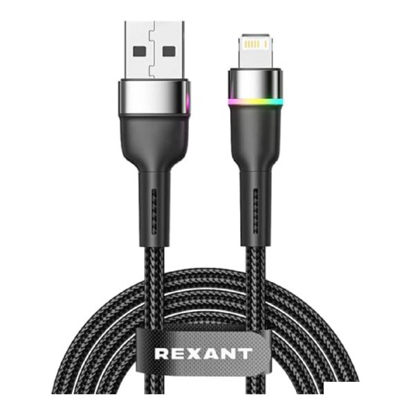Rexant (18-7059) Кабель USB-A – Lightning для Apple, 2,4А, 1м, в черной нейлоновой оплетке, с LED подсветкой