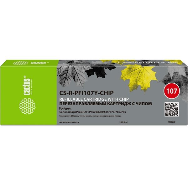 Картридж перезаправляемый струйный Cactus CS-R-PFI107Y-CHIP желтый (260мл) для Canon imageProGRAF iPF670/680/685/770/780/785 с чипом