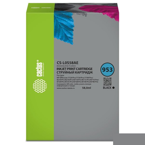 Картридж струйный Cactus CS-L0S58AE 953 черный (58мл) для HP OJ 7720 Pro/7730/7740/8210
