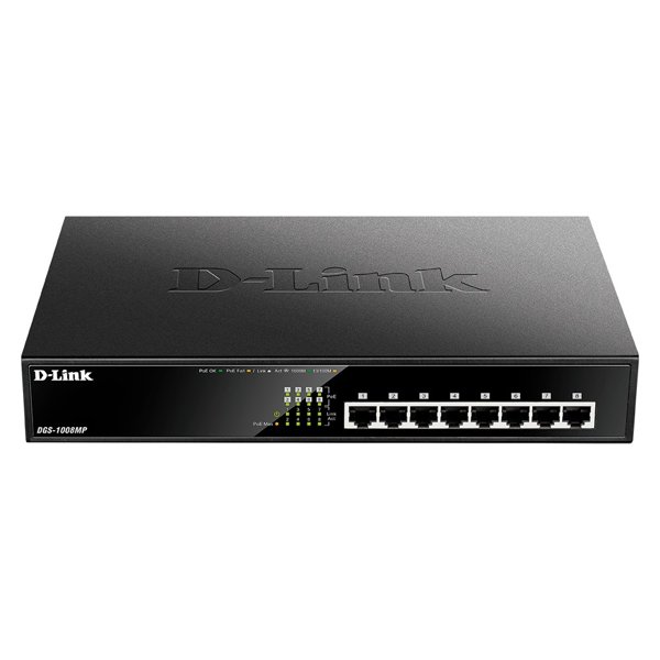 D-Link DGS-1008MP/B1A Неуправляемый коммутатор с 8 портами 10/100/1000Base-T с поддержкой PoE 802.3af/at (PoE-бюджет 125 Вт)
