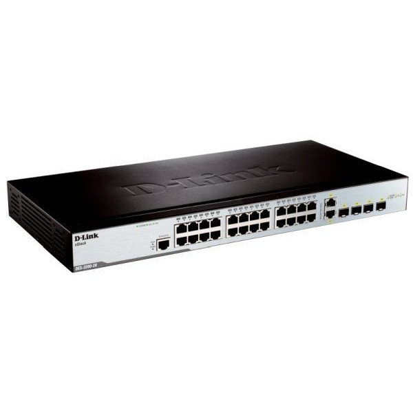 D-Link DES-3200-28_RFB/A1 Восстановленный в производственных условиях управляемый L2 коммутатор с 24 портами 10/100Base-TX, 2 портами 100/1000Base-X SFP и 2 комбо-портами 100/1000Base-T/SFP.