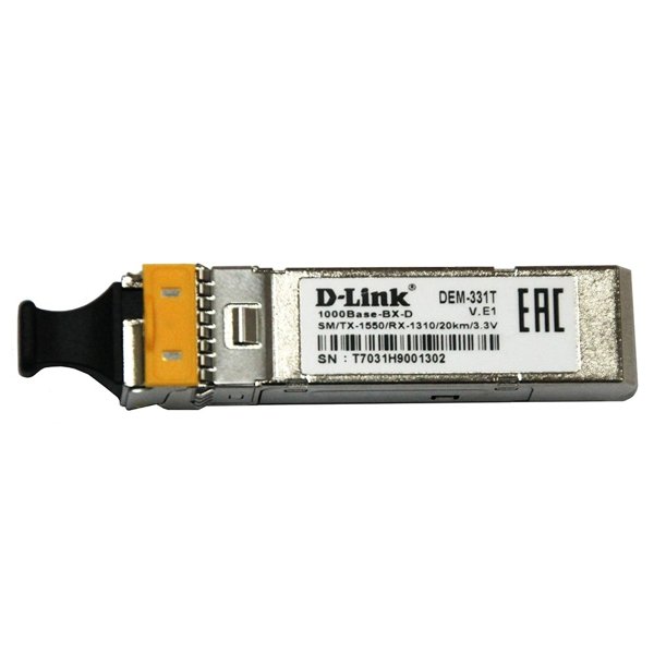 D-Link 331T/20KM/A1A WDM SFP-трансивер с 1 портом 1000Base-BX-D (Tx:1550 нм, Rx:1310 нм) для одномодового оптического кабеля (до 20 км, разъем Simplex LC)