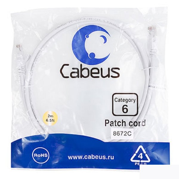 Cabeus PC-UTP-RJ45-Cat.6-2m-WH Патч-корд U/UTP, категория 6, 2xRJ45/8p8c, неэкранированный, белый, PVC, 2м