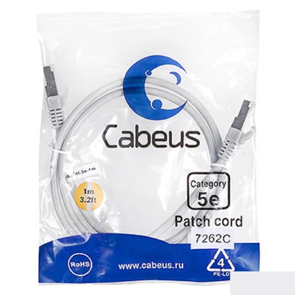 Cabeus PC-FTP-RJ45-Cat.5e-1m Патч-корд F/UTP, категория 5е, 2xRJ45/8p8c, экранированный, серый, PVC, 1м