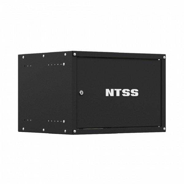 NTSS Шкаф настенный телекоммуникационный NTSS LIME 6U 550х450х370мм, 2 профиля 19, дверь сплошная металл, боковые стенки несъемные, разобранный, черный RAL 9005 NTSS-WL6U5545FD-BL