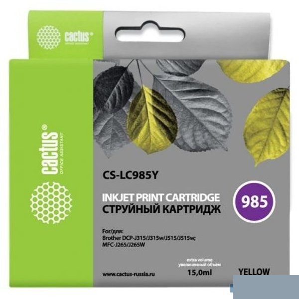 Картридж струйный Cactus CS-LC985Y желтый (15мл) для Brother DCPJ315W/DCPJ515W/MFCJ265W