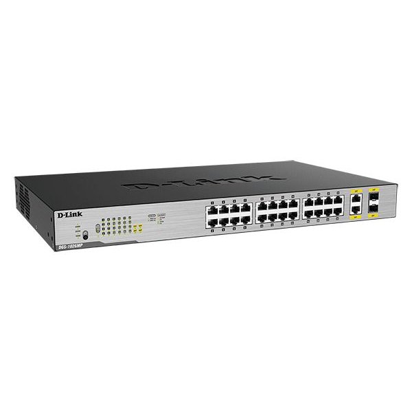D-Link DGS-1026MP/B2A Неуправляемый коммутатор с 24 портами 10/100/1000Base-T, 2 комбо-портами 100/1000Base-T/SFP (24 порта PoE 802.3af/at, PoE-бюджет 370 Вт)