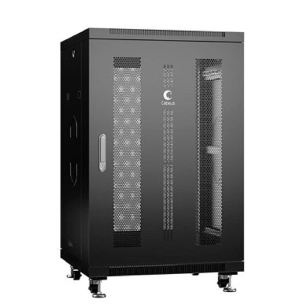 Cabeus ND(SH)-05C-18U60/60-BK-8548C Шкаф монтажный телекоммуникационный 19" напольный, 18U 600x600x988mm (ШхГхВ) передняя и задняя перфорированные двери, ручка с замком, цвет черный (RAL 9004)