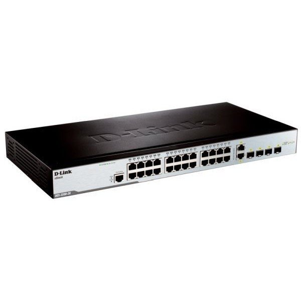 D-Link DES-3200-28_RFB/B1 Восстановленный в производственных условиях управляемый L2 коммутатор с 24 портами 10/100Base-TX, 2 портами 100/1000Base-X SFP и 2 комбо-портами 100/1000Base-T/SFP.