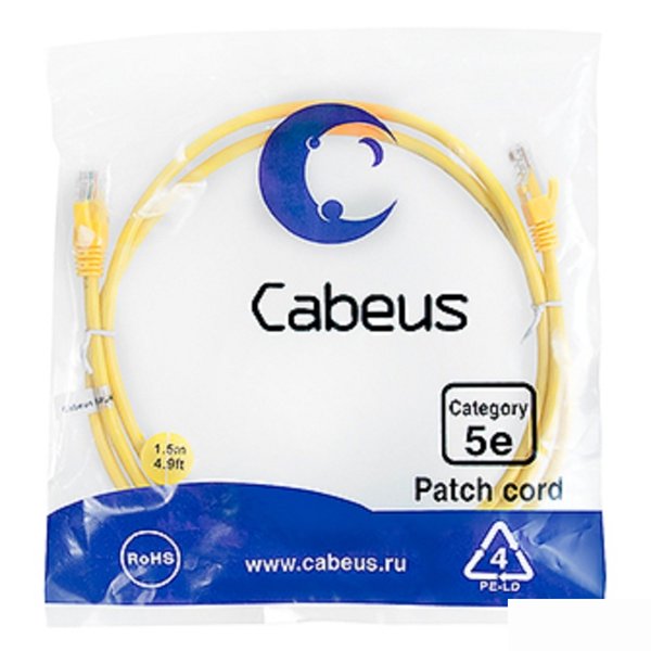 Cabeus PC-UTP-RJ45-Cat.5e-1.5m-YL-LSZH Патч-корд U/UTP, категория 5е, 2xRJ45/8p8c, неэкранированный, желтый, LSZH, 1.5м