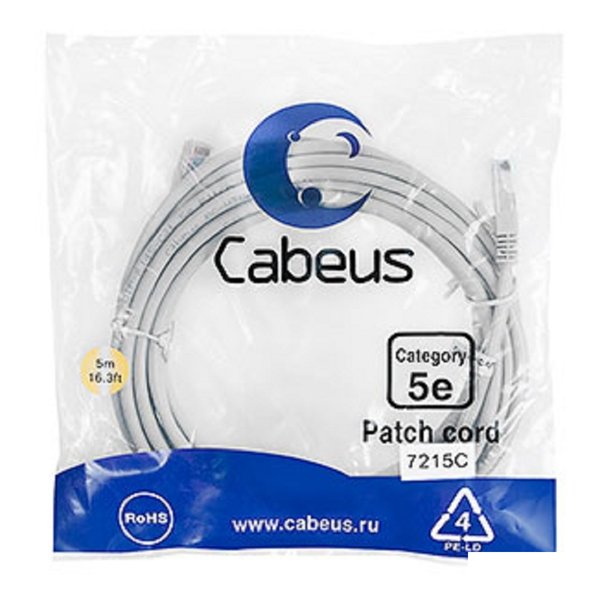 Cabeus PC-UTP-RJ45-Cat.5e-5m-WH Патч-корд U/UTP, категория 5е, 2xRJ45/8p8c, неэкранированный, белый, PVC, 5м