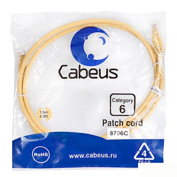 Cabeus PC-UTP-RJ45-Cat.6-1.5m-YL Патч-корд U/UTP, категория 6, 2xRJ45/8p8c, неэкранированный, желтый, PVC, 1.5м