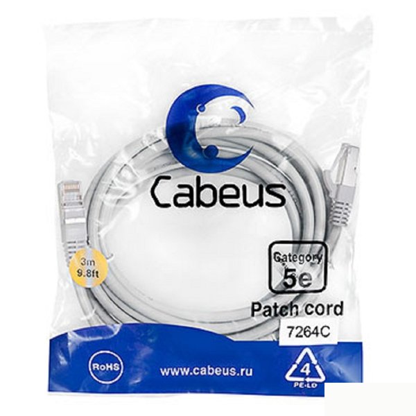Cabeus PC-FTP-RJ45-Cat.5e-3m Патч-корд F/UTP, категория 5е, 2xRJ45/8p8c, экранированный, серый, PVC, 3м