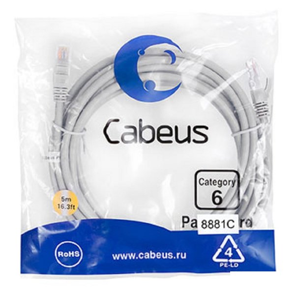 Cabeus PC-UTP-RJ45-Cat.6-5m-LSZH Патч-корд U/UTP, категория 6, 2xRJ45/8p8c, неэкранированный, серый, LSZH, 5м
