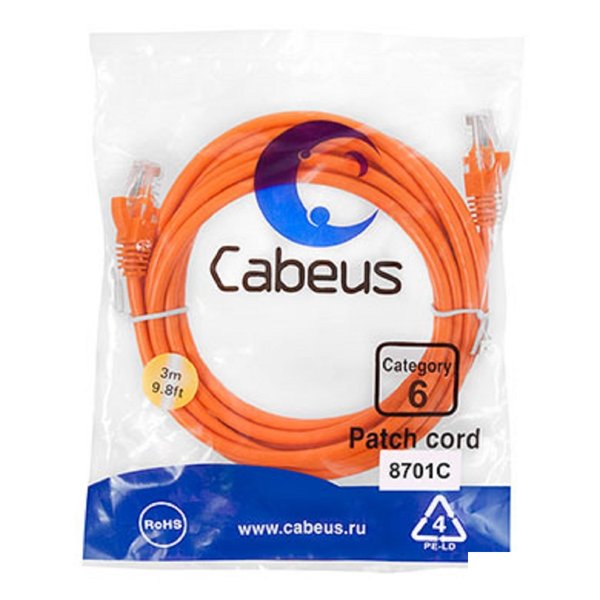 Cabeus PC-UTP-RJ45-Cat.6-3m-OR Патч-корд U/UTP, категория 6, 2xRJ45/8p8c, неэкранированный, оранжевый, PVC, 3м