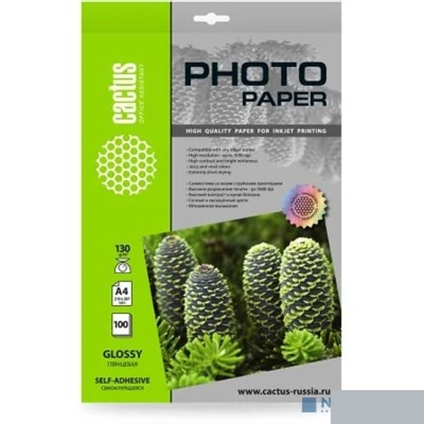 Фотобумага Cactus CS-GSA4130100, A4, для струйной печати, 100л, 130г/м2, покрытие глянцевое
