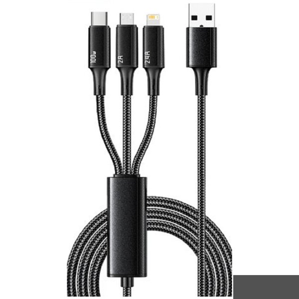 Rexant (18-7075) Кабель USB 3в1 Type-С (6A), Lightning (2,4A), micro USB (3A) 1,2м, в черной оплетке