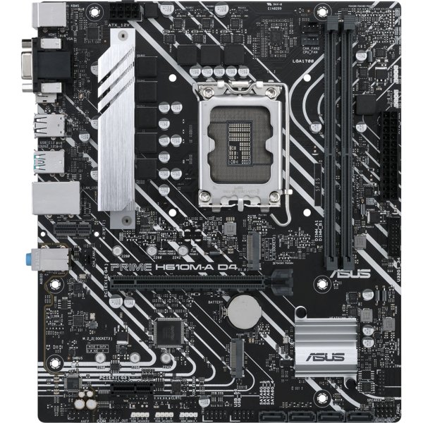 ASUS PRIME H610M-A D4-CSM (Socket 1700, mATX, 2xDDR4(64GB),  VGA/DP/HDMI, 1xPCIe 4.0x16/1xPCIe 3.0, 1xLAN, 4xSATA 6Gb/s, 2xM.2, 1xM.2 E key, 2xUSB 3.2, 4xUSB 2.0, 2xPS/2)