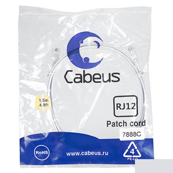 Cabeus PC-TEL-RJ12-1.5m Патч-корд телефонный 2х6р4с, белый, PVC, 1.5 м