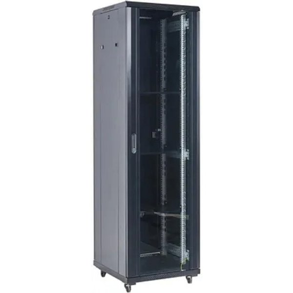 Rexant (04-2766-212) Шкаф коммутационный напольный 27U 600х600мм пер.дв.стекл металл 2 бок.пан. направл.под винты 800кг черный 230град. IP20 сталь