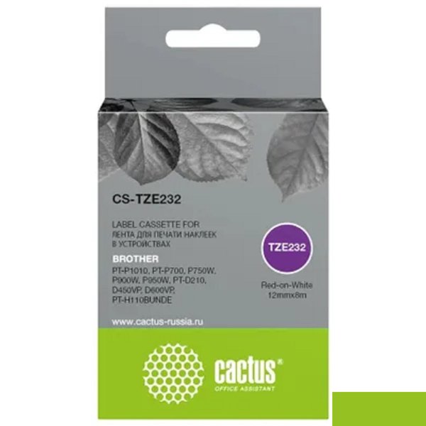 Картридж ленточный Cactus CS-TZE232 TZe-232 черный для Brother PT-P1010, PT-P700, P750W, P900W, P950W, PT-D210, D450VP, D600VP, PT-H110BUNDE