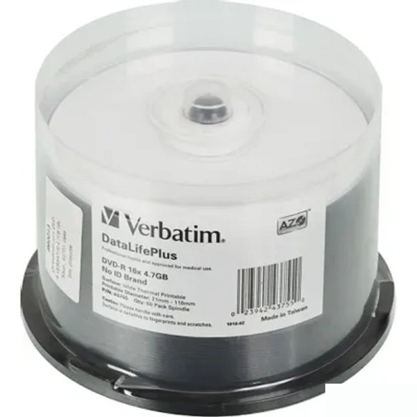 Verbatim Диски DVD-R 4.7Gb 16-х, Cake Box 50шт. Printable (43755)