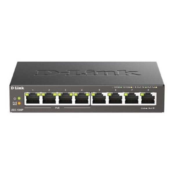 D-Link DGS-1008P/F1A Неуправляемый коммутатор с 8 портами 10/100/1000Base-T (4 порта PoE 802.3af/at, PoE-бюджет 60 Вт)