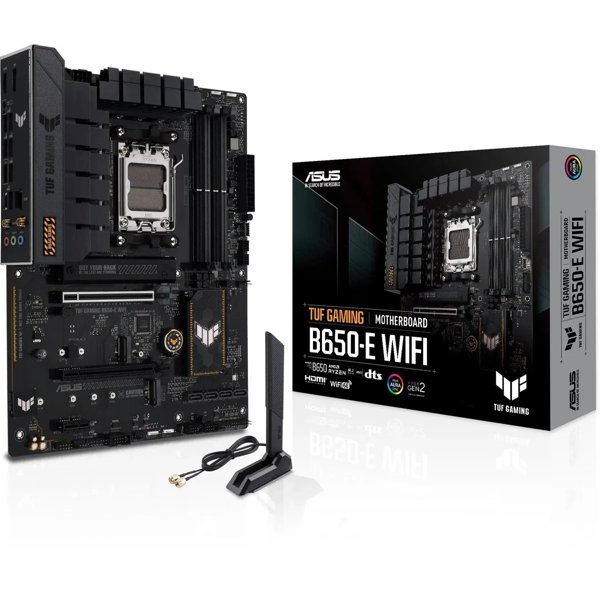 ASUS TUF GAMING B650-E WIFI (Socket AM5, ATX, 4xDDR5(192GB), DP/HDMI, 2xPCIe 4.0x16/1xPCIe 4.0, 1xLAN (2.5GbE), Wi-Fi, BT, 4xSATA 6Gb/s, 3xM.2, 1xType-C, 4xUSB 3.2, 3xUSB 2.0)