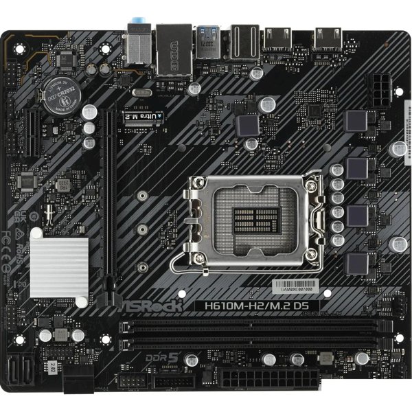 ASROCK H610M-H2/M.2 D5, Socket 1700, Intel®H610, 2xDDR5-4800, HDMI+HDMI, 1xPCI-Ex16, 1xPCI-Ex1, 4xSATA3, 1xM.2, 8Ch Audio, GLan, (4+2)xUSB2.0, (2+2)xUSB3.2, 1xPS/2, mATX, RTL