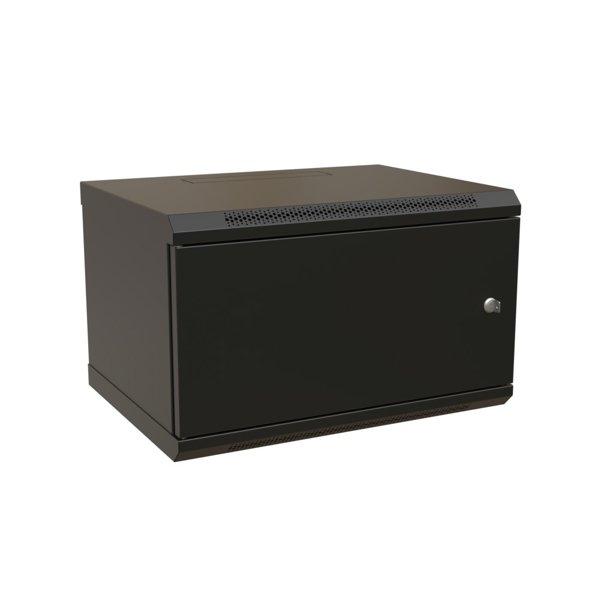 WRline Шкаф настенный 19-дюймовый (19"), 6U, 367х600х600мм, металлическая передняя дверь с замком, две боковые панели, цвет черный (RAL 9004) (разобранный)