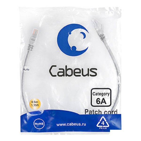 Cabeus PC-UTP-RJ45-Cat.6a-0.5m-LSZH Патч-корд U/UTP, категория 6а (10G), 2xRJ45/8p8c, неэкранированный, серый, LSZH, 0.5м