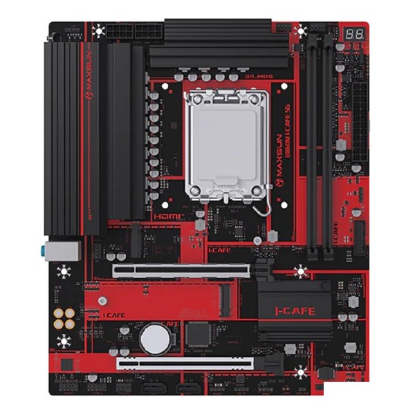MAXSUN MS-B860M I-CAFE 5G (Socket 1851, mATX, 2*DDR5, HDMI, 2xSATA3, 2*M.2,1xPCI-Ex16/1xPCI-Ex4, 4*USB 2.0, 2*USB 3.2, LAN 1*5G, black-red, oem)