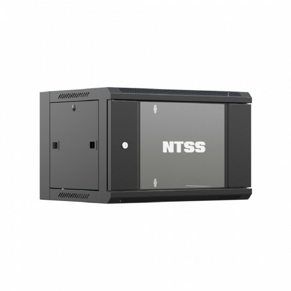 NTSS Шкаф настенный телекоммуникационный NTSS W 9U 600х450х500мм, 2 профиля 19, дверь стеклянная, боковые стенки съемные, задняя стенка, разобранный, черный RAL 9005 NTSS-W9U6045GS-2BL