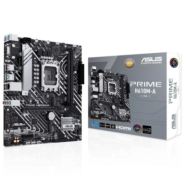 ASUS PRIME H610M-A-CSM (Socket 1700, mATX, 2xDDR5(96GB), VGA/DP/HDMI, 1xPCIe 4.0x16/1xPCIe 3.0, 1xLAN, 4xSATA 6Gb/s, 2xM.2, 1xM.2 E key, 2xUSB 3.2, 2xUSB 2.0, 2xPS/2)