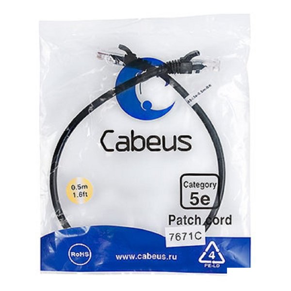 Cabeus PC-UTP-RJ45-Cat.5e-0.5m-BK-LSZH Патч-корд U/UTP, категория 5е, 2xRJ45/8p8c, неэкранированный, черный, LSZH, 0.5м
