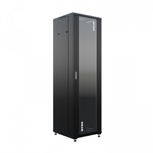 NTSS Шкаф напольный универсальный серверный NTSS R 22U 600х600мм, 4 профиля 19, двери стекло и сплошная металл, боковые стенки съемные, регулируемые опоры, разобранный, черный RAL 9005 NTSS-R22U6060GS