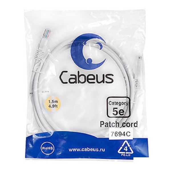 Cabeus PC-UTP-RJ45-Cat.5e-1.5m-WH ПАТЧ-КОРД U/UTP, КАТЕГОРИЯ 5Е, 2XRJ45/8P8C, НЕЭКРАНИРОВАННЫЙ, БЕЛЫЙ