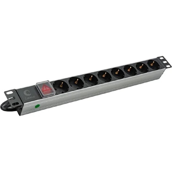 Cabeus PDU-8P-2IEC Блок евророзеток для 19" шкафов, горизонтальный, 8 розеток, 10 A, выключатель, алюминиевый корпус, шнур 2 м, вилка IEC 320 C14