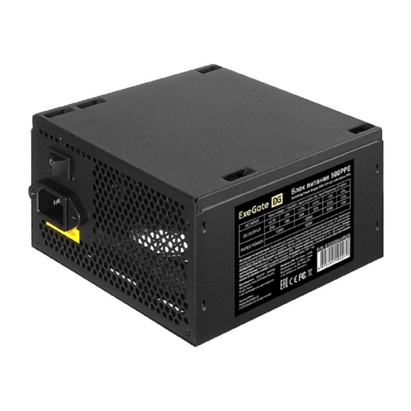 EXEGATE EX260641RUS-PC Блок питания 500W ExeGate 500PPE (ATX, APFC, PC, КПД 80% (80 PLUS), 12cm fan, 24pin, 2x(4+4)pin, 2xPCI-E, 5xSATA, 3xIDE, black, кабель 220V в комплекте)