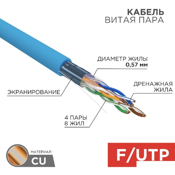 Rexant (01-0147) Кабель витая пара F/UTP, CAT 6, PVC, 4PR, 23AWG, INDOOR, SOLID, синий, 305 м