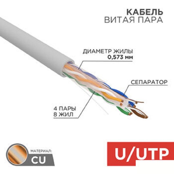 Rexant (01-0067) Кабель витая пара U/UTP, CAT 6, ZH нг(А)-HF, 4PR, 23AWG, INDOOR, SOLID, серый, 305 м