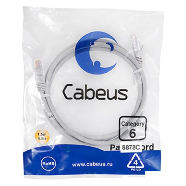 Cabeus PC-UTP-RJ45-Cat.6-15m-LSZH Патч-корд U/UTP, категория 6, 2xRJ45/8p8c, неэкранированный, серый, LSZH, 15м