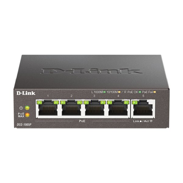 D-Link DGS-1005P/L (ревизия A1) Неуправляемый коммутатор с 5 портами 10/100/1000Base-T (4 порта PoE 802.3af/at, PoE-бюджет 60 Вт)